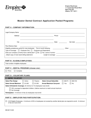 Empire BlueCross Master Dental Contract Application