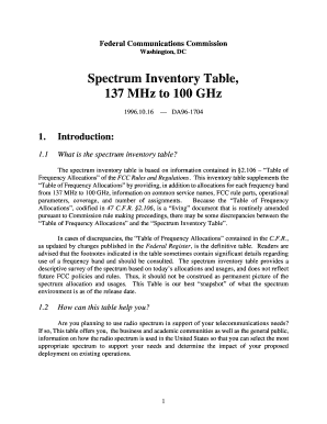 Spectrum Inventory Table, 137 MHz to 100 GHz Documentation - FCC - transition fcc