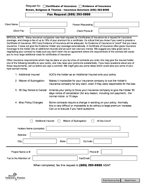 Certificate of Insurance Request Form
