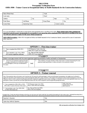 NRC/CPWR OSHA Trainer Prerequisite Verification Form