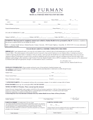 Furman University Medical Form & Immunization Record
