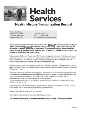 Old Dominion University Pre-Entrance Health Record