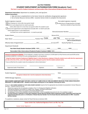 Cal Poly Pomona Student Employment Authorization Form