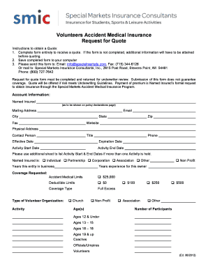 Volunteers Accident Medical Insurance Request for Quote