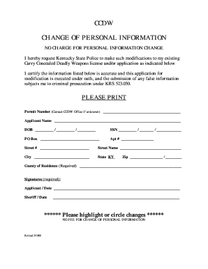 Kentucky Concealed Deadly Weapons License Change Form