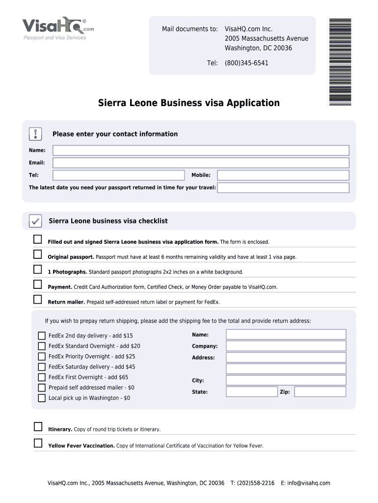 Sierra Leone Business visa Application - Sierra Leone Visa - VisaHQ Preview on Page 1