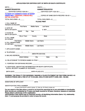 Application for Certified Copy of Birth or Death Certificate