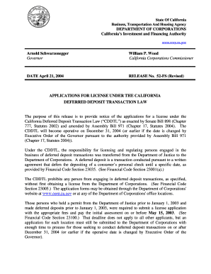 California Deferred Deposit Transaction License Application