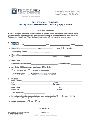 Chiropractic Professional Liability Application