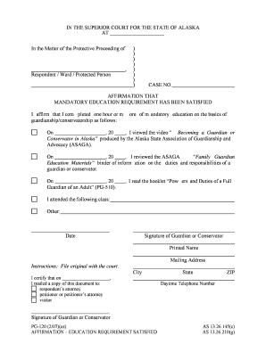 PG-120 Affirmation - Education Requirement Satisfied (2/07) PDF fill in. Probate Guardianship Forms - courts alaska