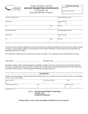 Oregon Petroleum Load Fee Exemption Certificate