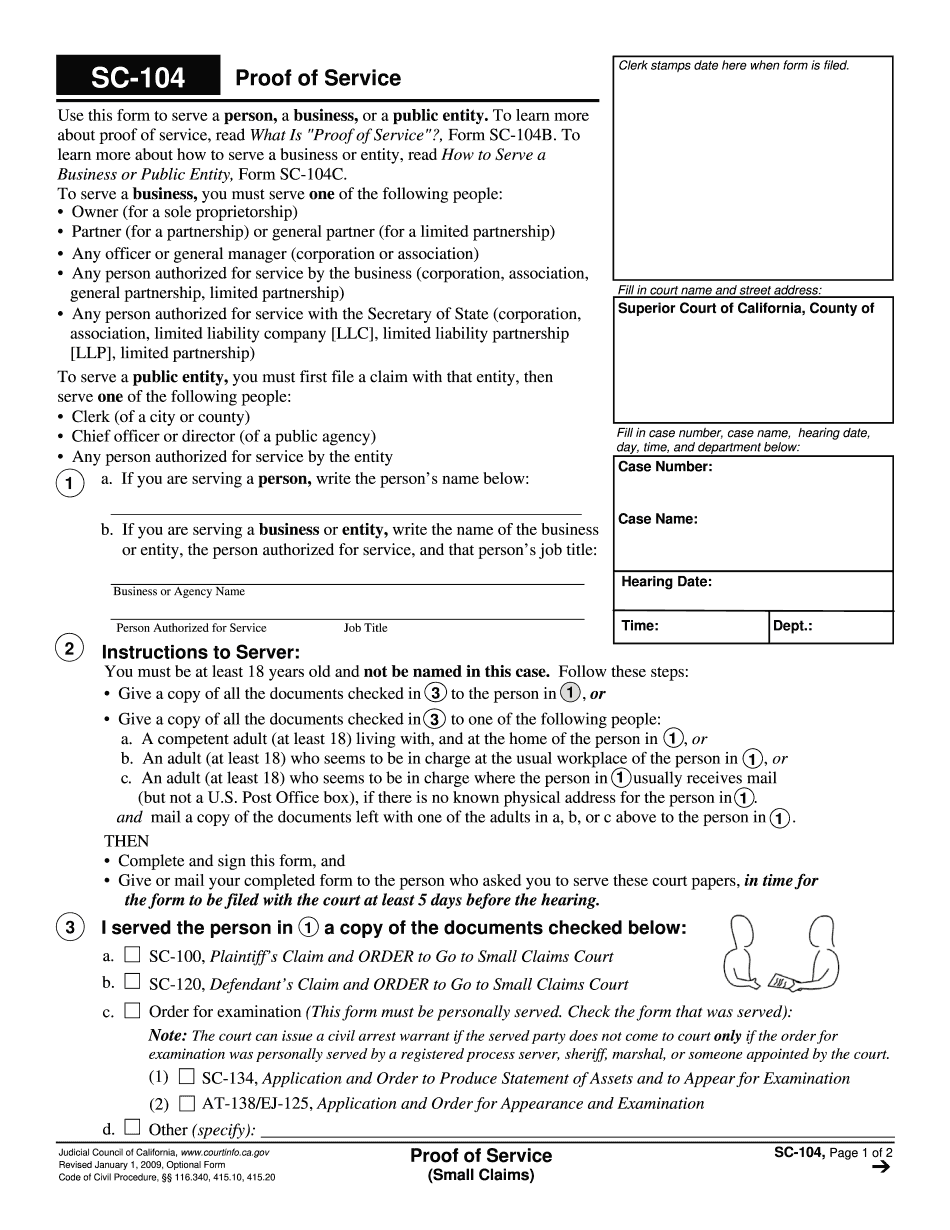Edit And Sign The Sc 104 Proof Of Service California Form