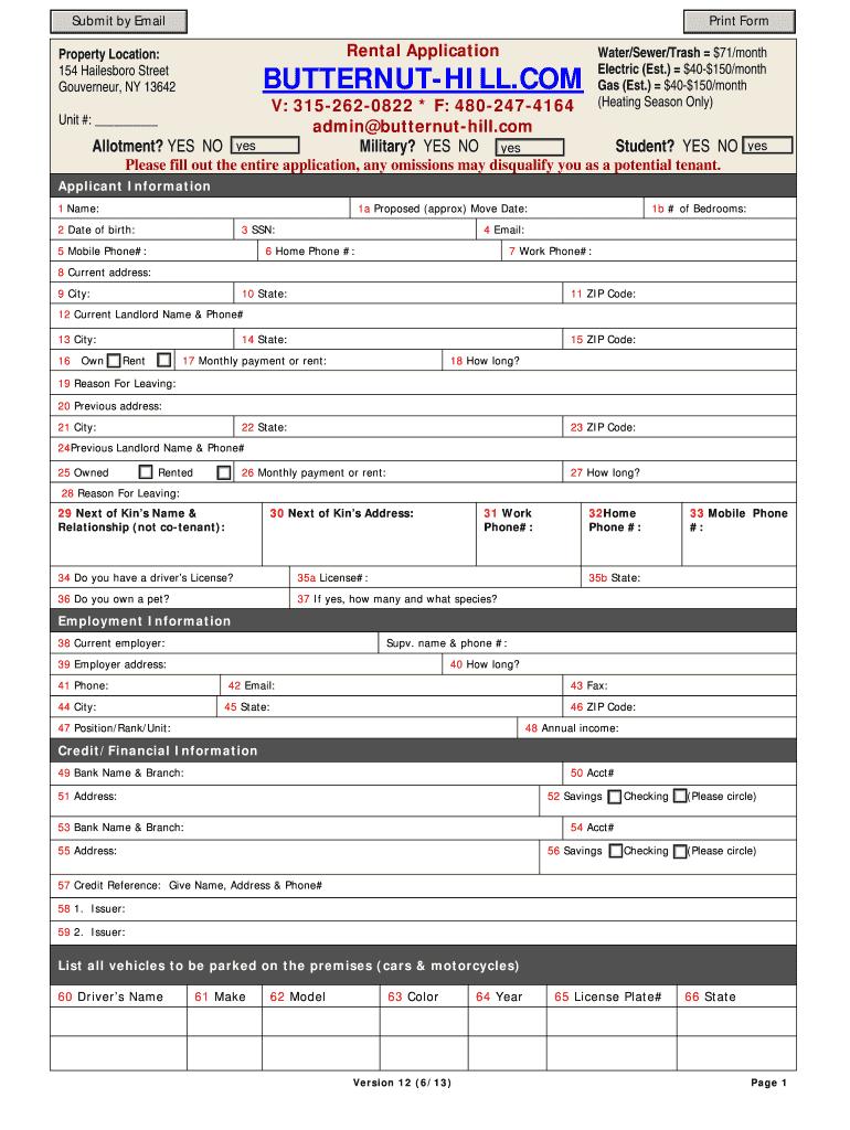 Butternut Hill Rental Application Preview on Page 1