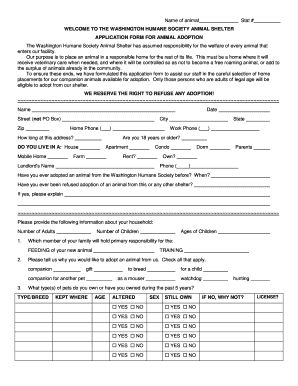 Washington Humane Society Animal Adoption Application