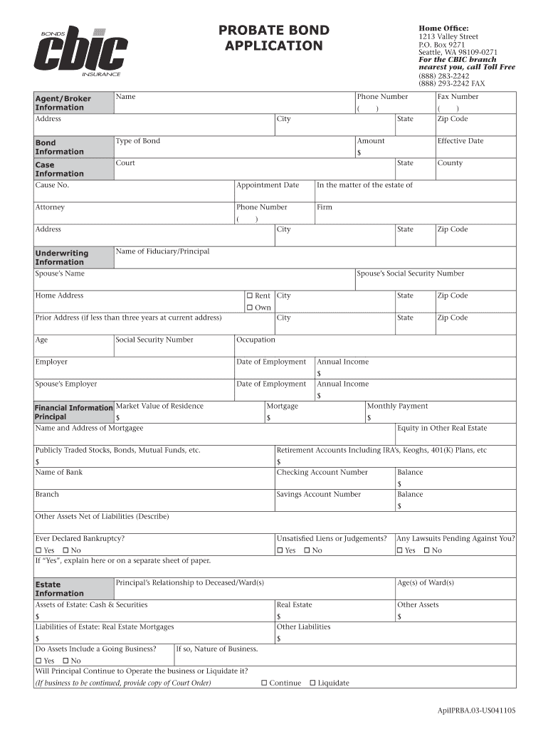 Probate Bond Application Preview on Page 1