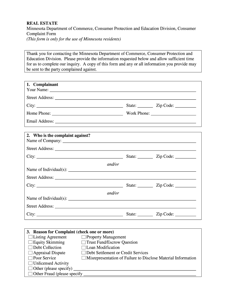 Real Estate complaint form - Minnesota - mn Preview on Page 1