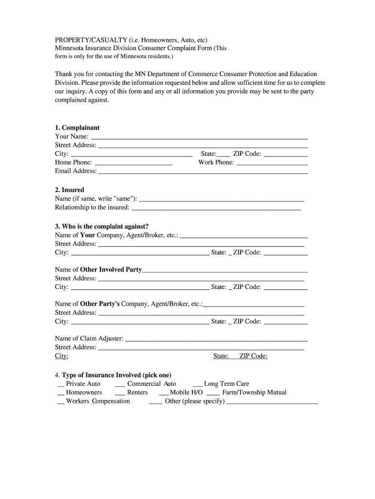 Minnesota Insurance Division Consumer Complaint Form - mn Preview on Page 1