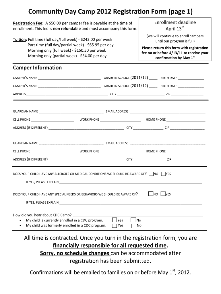 Community Day Camp 2012 Registration Form - Community Day - communitydaycareinc Preview on Page 1