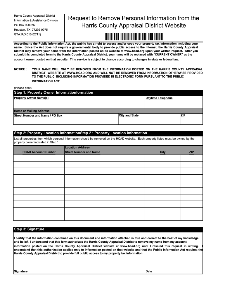 request to remove personal information from hcad Preview on Page 1