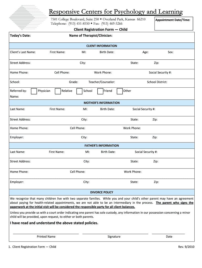 Child Registration Form - Responsive Centers For Psychology Preview on Page 1