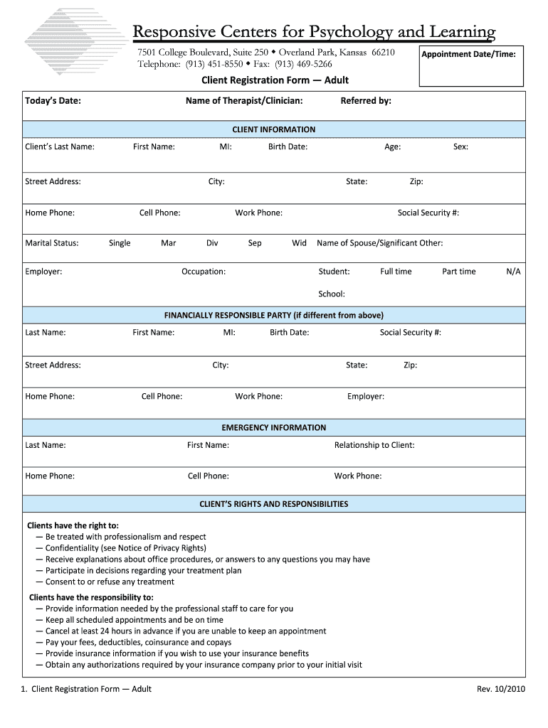 Adult Registration Form - Responsive Centers For Psychology Preview on Page 1