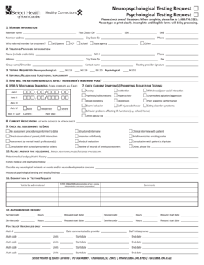 Testing Request Form - Select Health of South Carolina