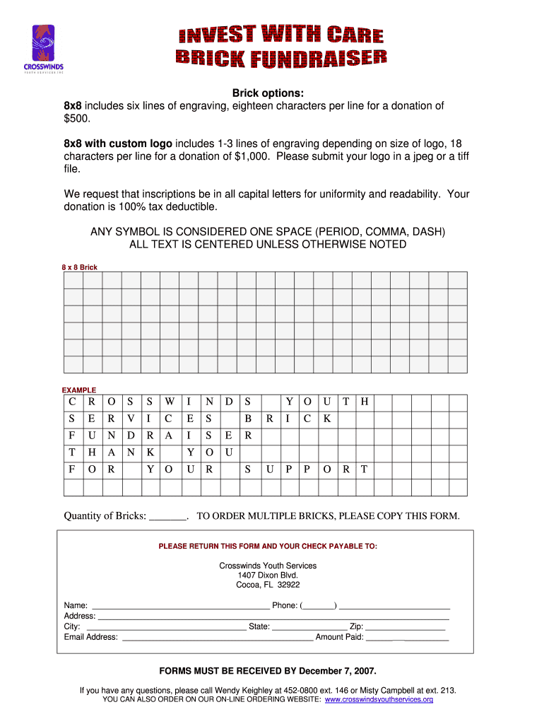 Brick options: 8x8 includes six lines of - Crosswinds Youth Services - crosswindsyouthservices Preview on Page 1