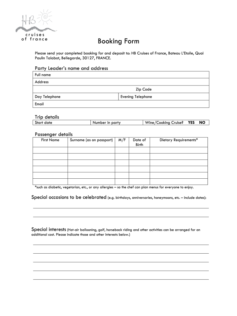 Blank Booking Fill Online Printable Fillable Blank PdfFiller