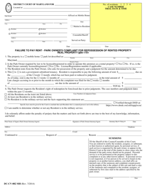 Maryland Failure to Pay Rent Complaint