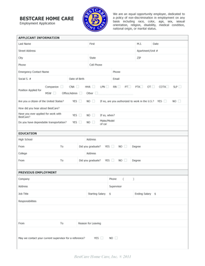 BestCare Home Care Employment Application
