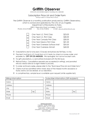 Griffith Observer Subscription Form
