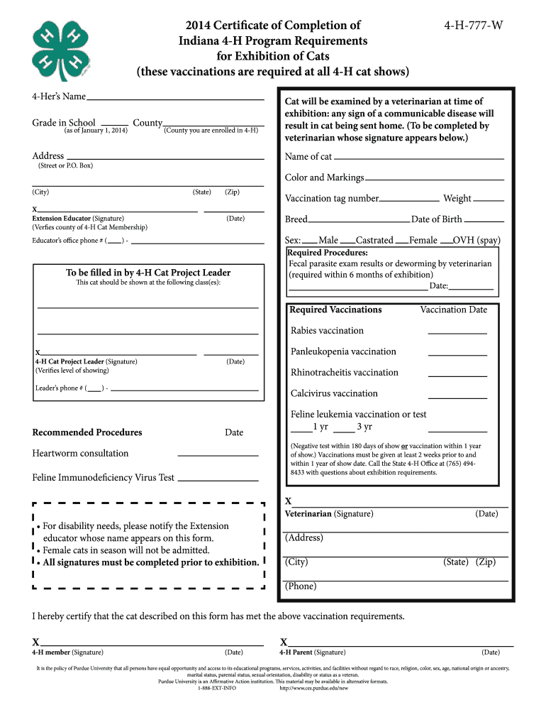 2012 cat vaccination form - Indiana 4 - H - Purdue University - four-h purdue Preview on Page 1