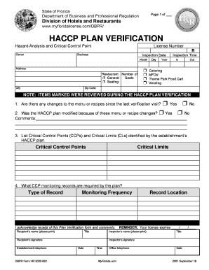 Florida HACCP Plan Verification Form