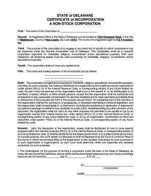 Delaware Non-Stock Corporation Certificate of Incorporation