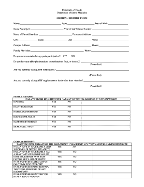 University of Toledo Medical History Form