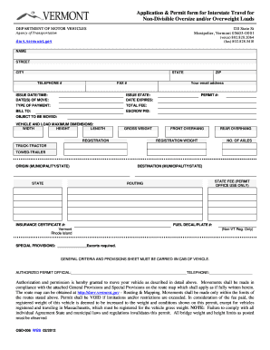Vermont Oversize Load Permit Application