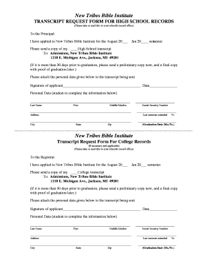 Transcript Request Form for High School Records