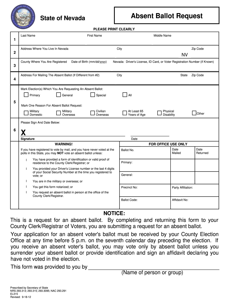 absentee ballot nevada fillable form Preview on Page 1