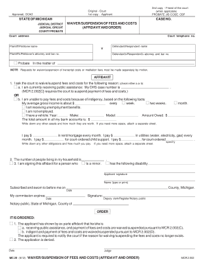 Michigan Waiver/Suspension of Fees and Costs