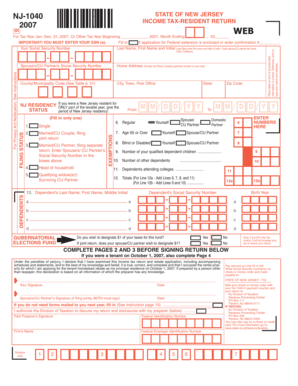 NJ-1040 2007 Income Tax Resident Return