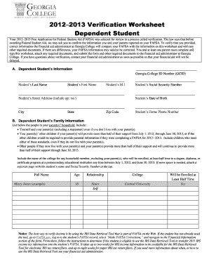 2012 2013 dependent verification form for georgia college