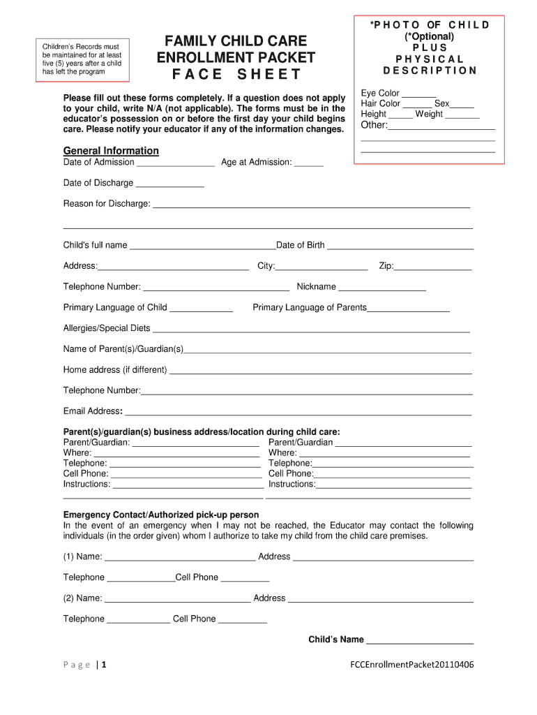 childcare enrollment form Preview on Page 1.
