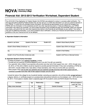 2012 2013 verification worksheet dependent student fillable form