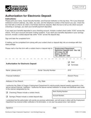 Form 117H2 Authorization for Electronic Deposit