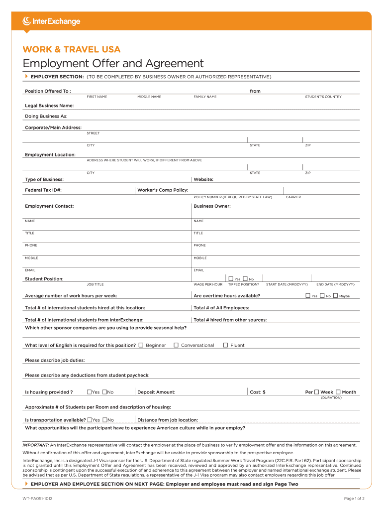 interexchange job offer form Preview on Page 1