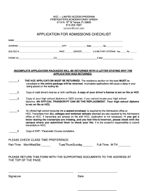Fillable Online hccfl APPLICATION FOR ADMISSIONS CHECKLIST - hccfl Fax ...