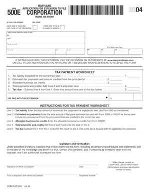 Maryland Form 500E Corporation Income Tax Extension