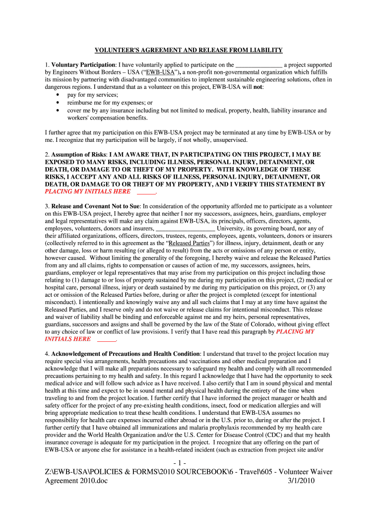 engineers without borders volunteers agreement and release from liability 1 voluntary participation i have voluntarily applied to participate in form Preview on Page 1.