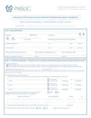 Physicians and Surgeons Professional Liability Insurance Application