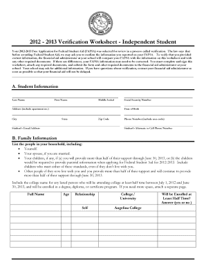 2012-2013 Verification Worksheet - Independent Student